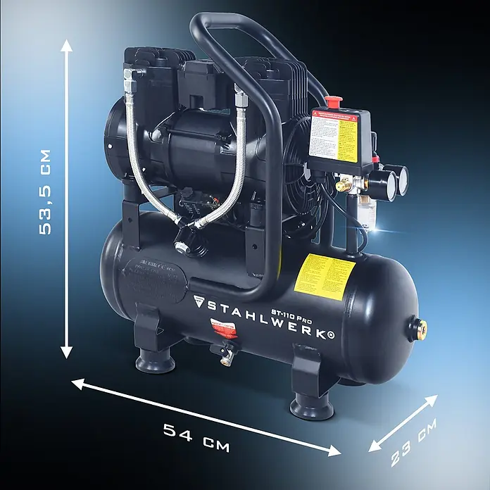 STAHLWERK Kompressor ST-110 Pro - Max. Druck: 8 bar, 30 l, Schmierung: Ohne - Schwarzer STAHLWERK ST-110 PRO Kompressor mit zwei Tanks, Griff und Bedienfeld.