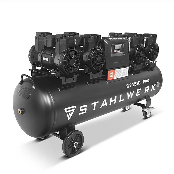 STAHLWERK Kompressor ST-1510 Pro - Max. Druck: 10 bar, 150 l - Schwarzer Luftkompressor mit großem horizontalem Tank und mehreren Pumpeinheiten, auf Rädern, mit Digitalanzeige.