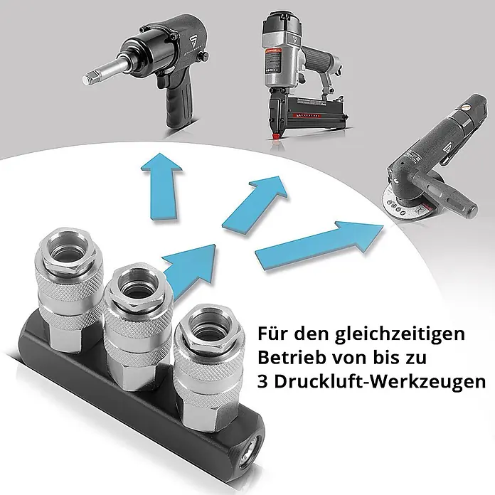 STAHLWERK Kompressor ST-2810 Pro Vollausstattung - Max. Druck: 10 bar - Schwarze Verteilerleiste mit drei Schnellkupplungen für den gleichzeitigen Betrieb von bis zu drei Druckluftwerkzeugen.