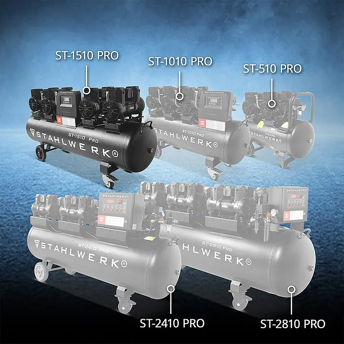 STAHLWERK Kompressor ST-1510 Pro - Max. Druck: 10 bar, 150 l - Verschiedene STAHLWERK Kompressormodelle, einer schwarz, andere grau, mit mehreren Pumpen und Rädern.