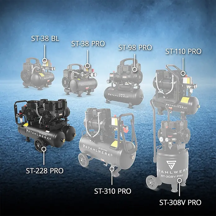 STAHLWERK Kompressor Kompressor ST-228 Pro - Max. Druck: 8 bar, 22 l, Schmierung: Ohne - Sieben schwarze Stahlwerk-Luftkompressoren in verschiedenen Größen und Konfigurationen, teils kompakt, teils mit Rädern.