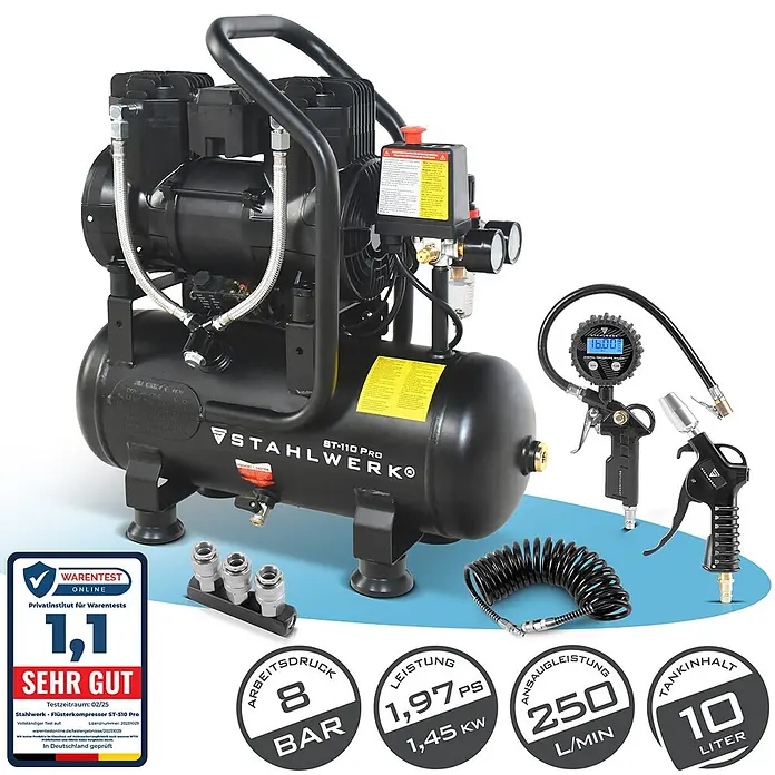 STAHLWERK Kompressor ST-110 Pro - Max. Druck: 8 bar, 10 l, Schmierung: Ohne - Schwarzer Stahlwerk ST-110 Pro Kompressor mit 10L Tank, digitalem Manometer, Ausblaspistole, Spiralschlauch und Schnellkupplungen.