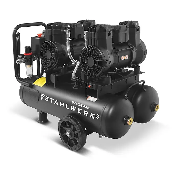 STAHLWERK Kompressor Kompressor ST-228 Pro - Max. Druck: 8 bar, 22 l, Schmierung: Ohne - Schwarzer mobiler Luftkompressor mit Doppelmotoren, Luftfilter und mehreren Tanks.