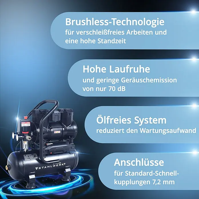 STAHLWERK Kompressor ST-110 Pro - Max. Druck: 8 bar, 30 l, Schmierung: Ohne - Ein schwarzer elektrischer Luftkompressor mit Metalltank und Tragegriff.