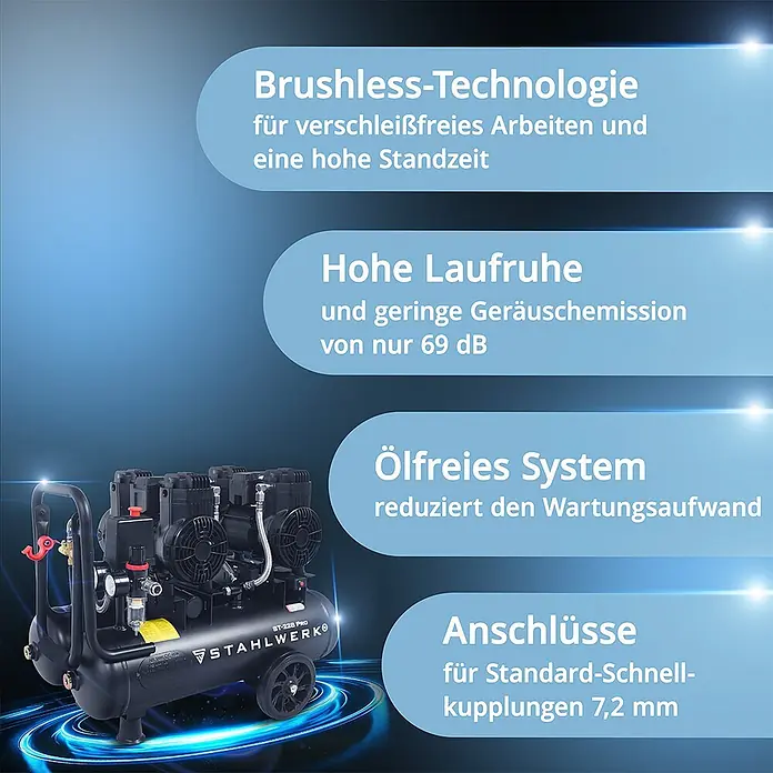 STAHLWERK Kompressor Kompressor ST-228 Pro - Max. Druck: 8 bar, 22 l, Schmierung: Ohne - Schwarzer Kompressor mit Rollen, für vielseitigen Einsatz.
