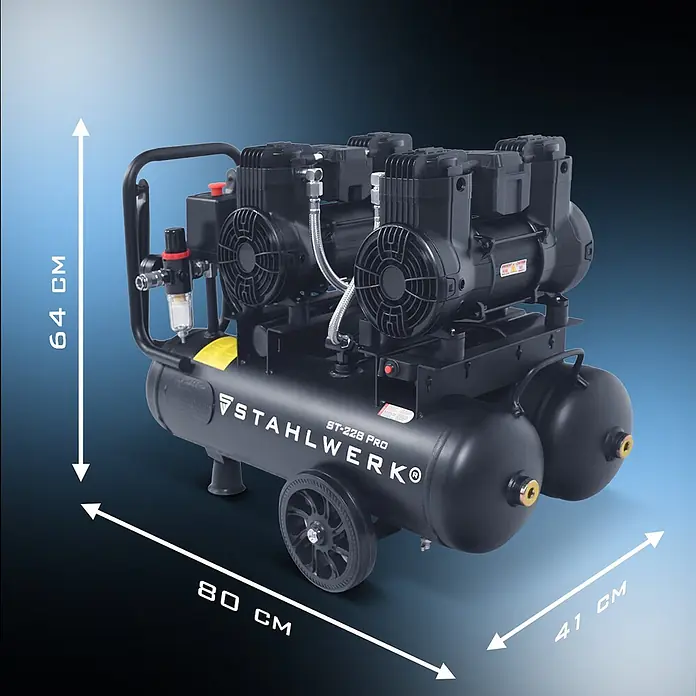 STAHLWERK Kompressor Kompressor ST-228 Pro - Max. Druck: 8 bar, 22 l, Schmierung: Ohne - Schwarzer mobiler Luftkompressor mit Doppelbehältern und Rädern, Maße 80x41x64 cm.