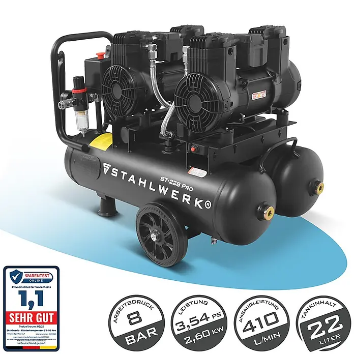 STAHLWERK Kompressor Kompressor ST-228 Pro - Max. Druck: 8 bar, 22 l, Schmierung: Ohne - Schwarzer Stahlwerk ST-228 PRO Luftkompressor mit zwei Tanks, zwei Motoreinheiten, Rädern und Druckregler.