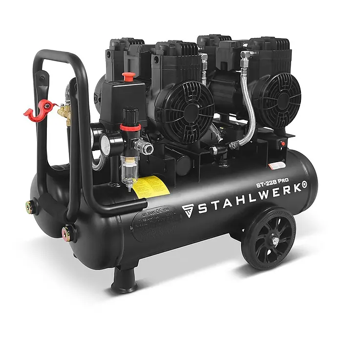 STAHLWERK Kompressor Kompressor ST-228 Pro - Max. Druck: 8 bar, 22 l, Schmierung: Ohne - Schwarzer, tragbarer Luftkompressor mit großem Tank, Griff, Rädern, zwei Kompressorköpfen und mehreren Manometern.
