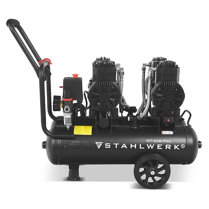 STAHLWERK Kompressor Kompressor ST-228 Pro - Max. Druck: 8 bar, 22 l, Schmierung: Ohne - Schwarzer mobiler Kompressor mit Griff, Rädern und zwei Kompressoreinheiten oben.