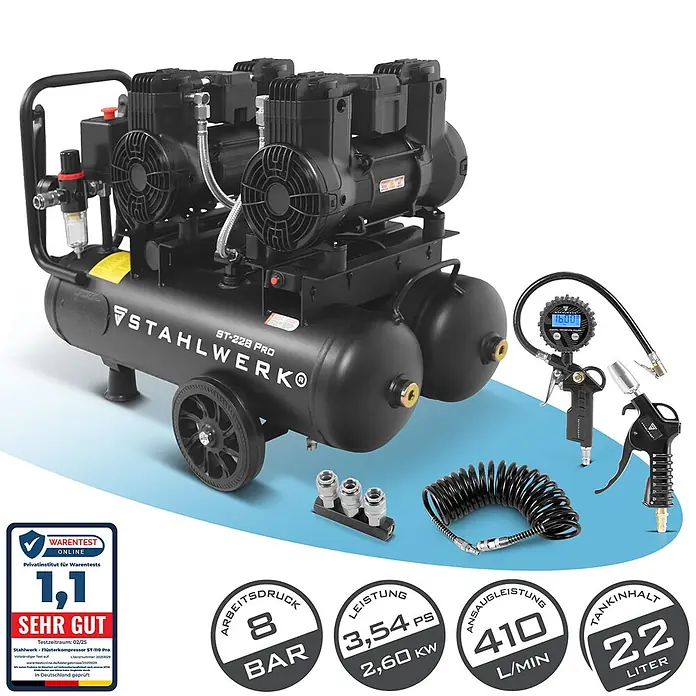 STAHLWERK Kompressor ST-228 Pro Vollausstattung - Max. Druck: 8 bar, Schmierung: Ohne - Schwarzer Luftkompressor mit zwei Tanks, vier Motoren, Rädern und Zubehör wie Luftschlauch, Reifenfüller und Ausblaspistole.