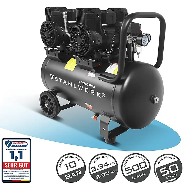STAHLWERK Kompressor 10 bar 50 L 3,94 PS 2,9 kW 500 l/min Druckluftkompressor -  - Schwarzer STAHLWERK ST-510 PRO Luftkompressor mit 50-Liter-Tank, Rädern, Griff und Manometern.