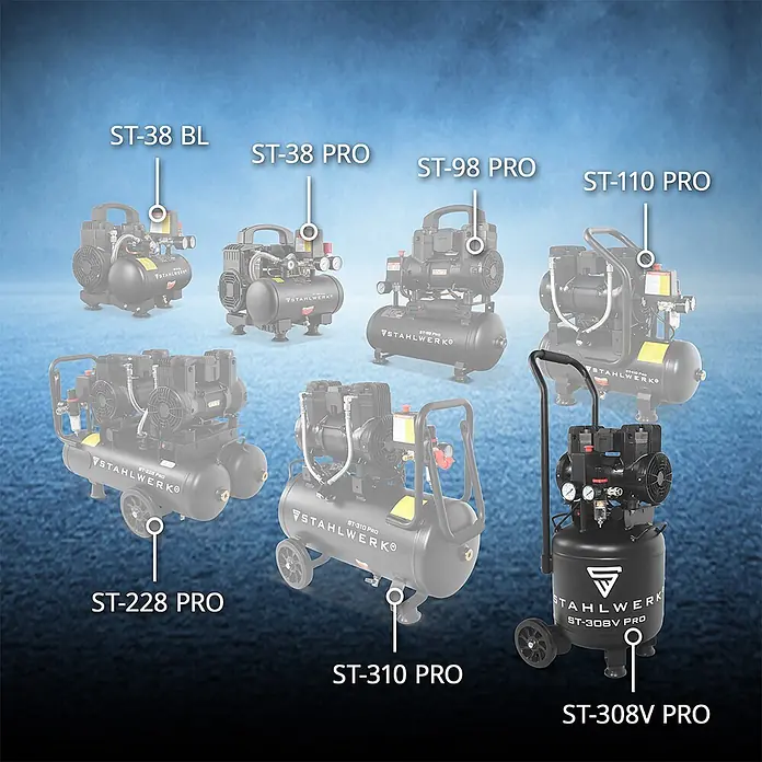 STAHLWERK Kompressor ST-308V Pro - Max. Druck: 8 bar, 30 l, Schmierung: Ohne - STAHLWERK Kompressoren: Eine Auswahl schwarzer Modelle, von kompakt bis rollbar, inklusive horizontaler und vertikaler Tankausführungen.
