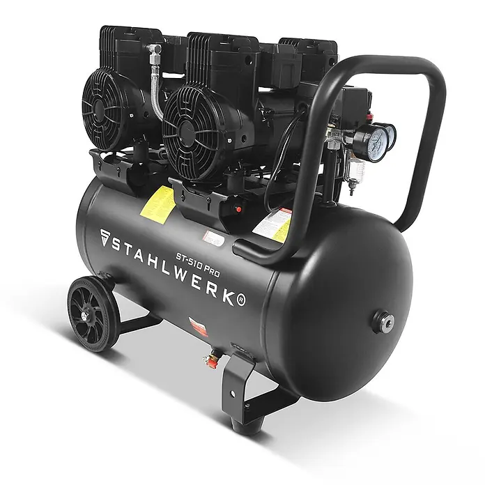 STAHLWERK Kompressor 10 bar 50 L 3,94 PS 2,9 kW 500 l/min Druckluftkompressor -  - Schwarzer, tragbarer, ölfreier Kompressor mit großem Tank, zwei Motoren, Manometern und Rädern.