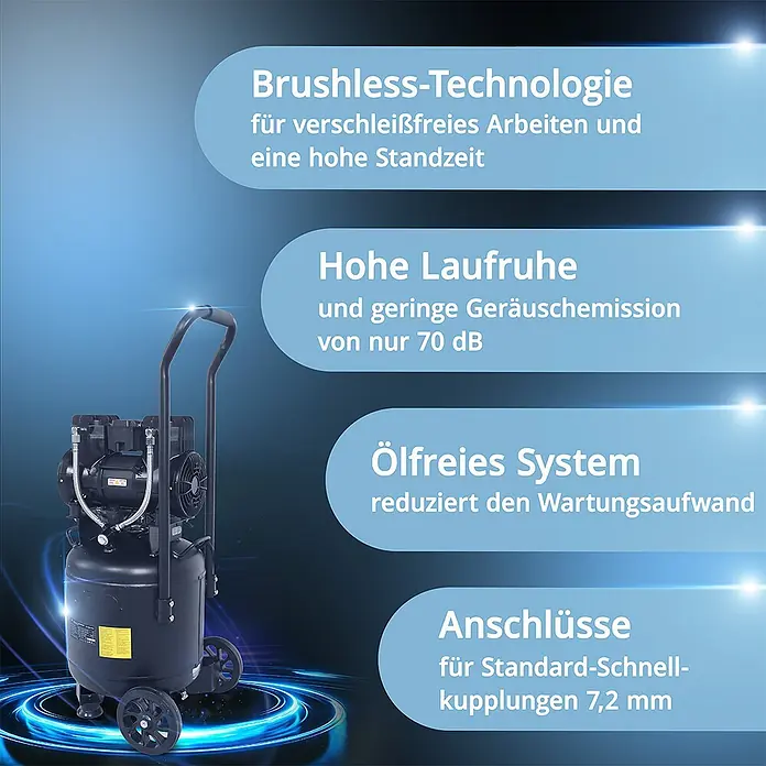 STAHLWERK Kompressor ST-308V Pro - Max. Druck: 8 bar, 30 l, Schmierung: Ohne - Ein schwarzer, tragbarer Luftkompressor mit Rädern und Griff.