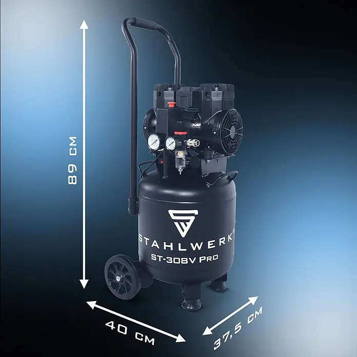 STAHLWERK Kompressor ST-308V Pro - Max. Druck: 8 bar, 30 l, Schmierung: Ohne - Schwarzer Luftkompressor mit Griff und Rollen, 89 cm hoch, 40 cm breit und 37,5 cm tief.