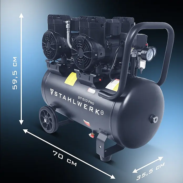 STAHLWERK Kompressor 10 bar 50 L 3,94 PS 2,9 kW 500 l/min Druckluftkompressor -  - Schwarzer mobiler Luftkompressor mit zwei Motorköpfen, Manometern und Rädern, mit Maßen (H 59,5 cm, L 70 cm, B 35,5 cm).