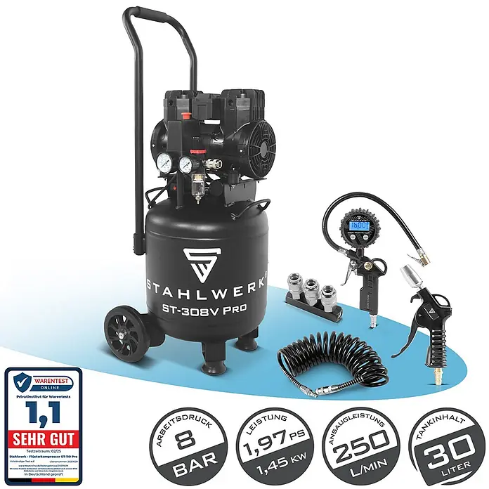 STAHLWERK Kompressor ST-308V Pro - Max. Druck: 8 bar, 30 l, Schmierung: Ohne - Schwarzer mobiler Luftkompressor mit 30-Liter-Tank, Manometern und einem Set Druckluftwerkzeuge inklusive Reifenfüller und Ausblaspistole.
