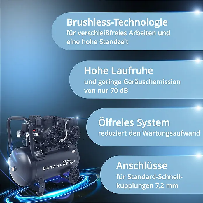 STAHLWERK Kompressor 10 bar 50 L 3,94 PS 2,9 kW 500 l/min Druckluftkompressor -  - Schwarzer STAHLWERK ST-510 PRO Kompressor mit Rädern und Manometern.