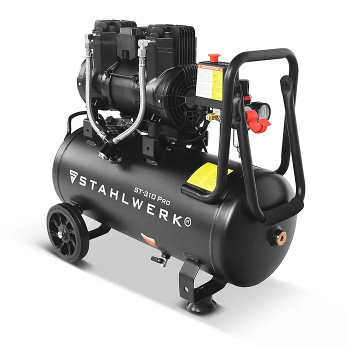 STAHLWERK Kompressor ST-310 Pro - Max. Druck: 8 bar, 30 l, Schmierung: Ohne - Schwarzer, rollbarer Luftkompressor mit zylindrischem Tank, zwei Pumpen, Griff und Manometern.