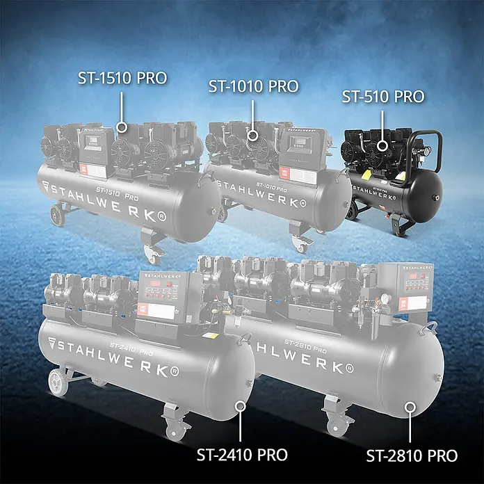 STAHLWERK Kompressor 10 bar 50 L 3,94 PS 2,9 kW 500 l/min Druckluftkompressor -  - Fünf dunkelgraue STAHLWERK Profi-Kompressoren mit großen Tanks und mehreren Pumpeneinheiten für den industriellen Einsatz.