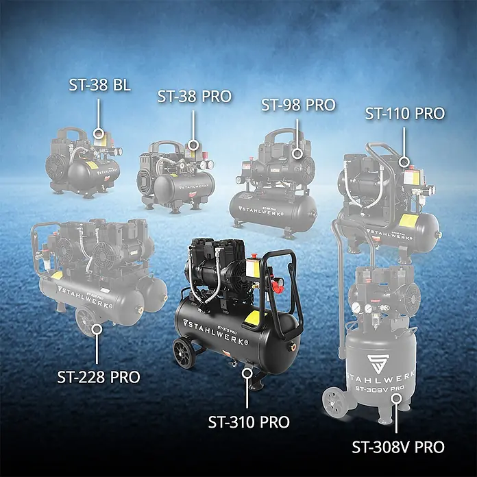 STAHLWERK Kompressor ST-310 Pro - Max. Druck: 8 bar, 30 l, Schmierung: Ohne - Verschiedene schwarze STAHLWERK Luftkompressoren, darunter das prominente Modell ST-310 PRO mit Rädern, zeigt unterschiedliche Größen.