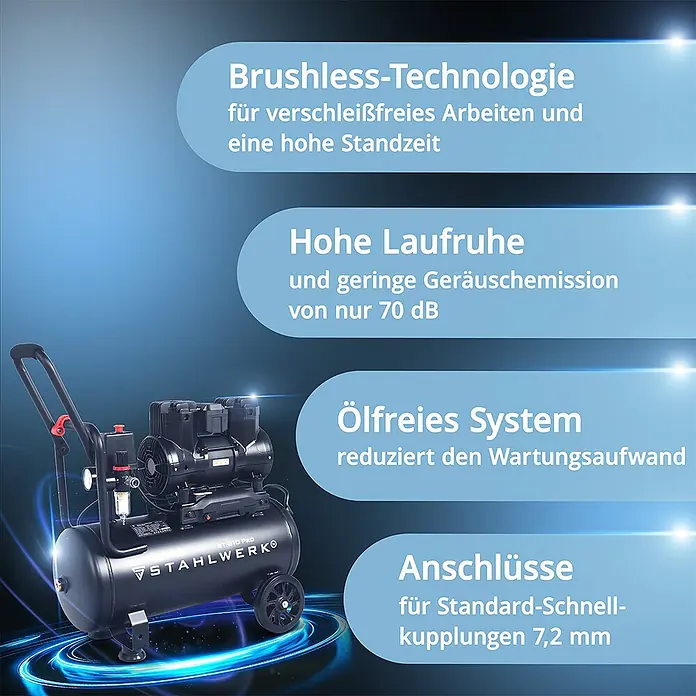 STAHLWERK Kompressor ST-310 Pro - Max. Druck: 8 bar, 30 l, Schmierung: Ohne - Schwarzer Luftkompressor mit Rädern und Griff.