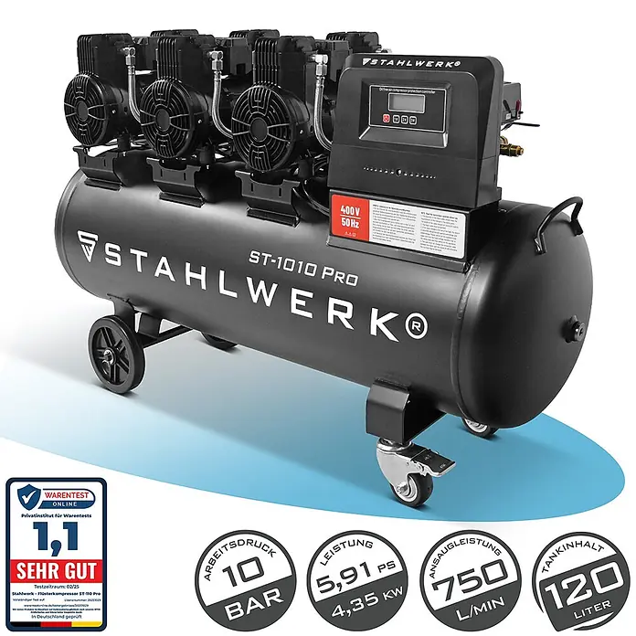 STAHLWERK Kompressor ST-1010 Pro - Max. Druck: 10 bar, 120 l, Schmierung: Ohne - Ein schwarzer Stahlwerk ST-1010 Pro Flüsterkompressor mit mehreren Motoren, großem Tank auf Rädern und Bedienfeld.