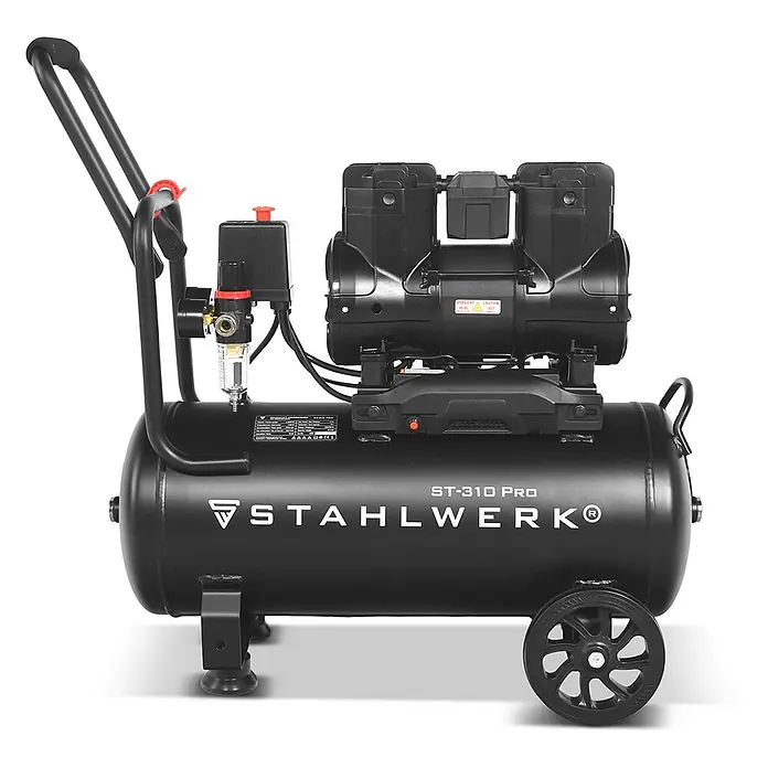 STAHLWERK Kompressor ST-310 Pro - Max. Druck: 8 bar, 30 l, Schmierung: Ohne - Schwarzer, tragbarer Luftkompressor mit Rädern, Griff und Druckregler, horizontalem Tank und Motoreinheit.