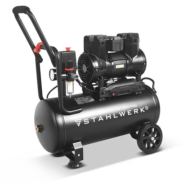 STAHLWERK Kompressor ST-310 Pro - Max. Druck: 8 bar, 30 l, Schmierung: Ohne - Schwarzer mobiler Luftkompressor mit Griff, Rädern, Motoreinheit, Manometern und Luftfilter.