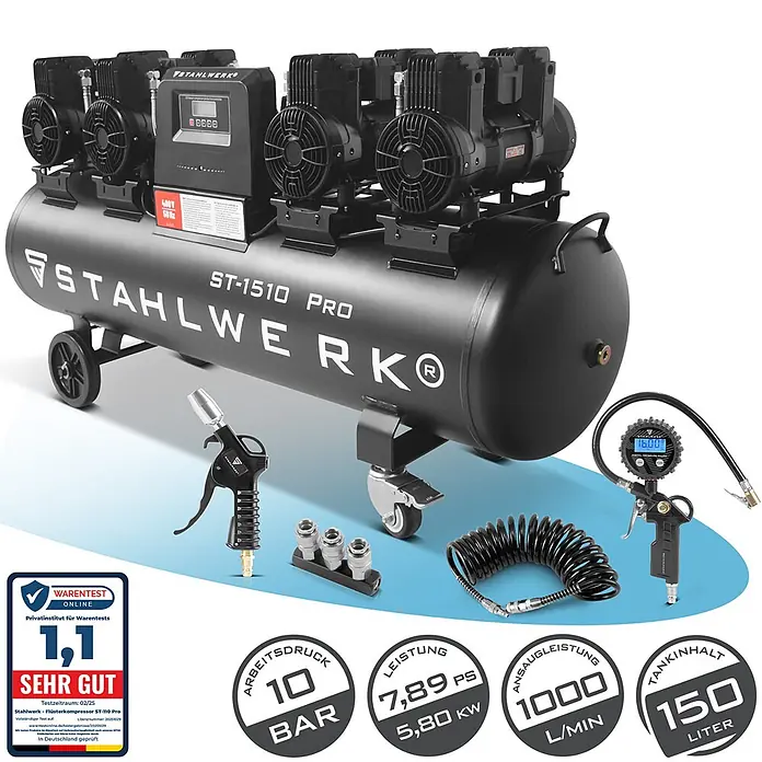 STAHLWERK Kompressor ST-1510 Pro - Max. Druck: 10 bar, 150 l, Schmierung: Ohne - Schwarzer Stahlwerk ST-1510 PRO Kompressor mit Rädern, Digitalanzeige und Druckluftzubehör wie Reifenfüller und Ausblaspistole.