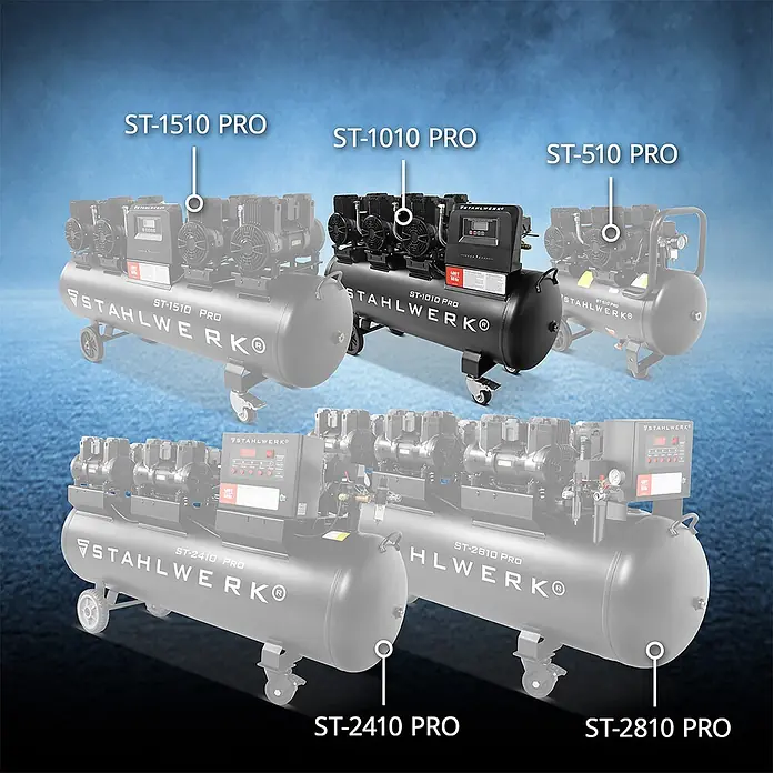 STAHLWERK Kompressor ST-1010 Pro - Max. Druck: 10 bar, 120 l, Schmierung: Ohne - Schwarzer STAHLWERK ST-1010 PRO Kompressor mit mehreren Einheiten und Bedienfeld, gezeigt mit ausgeblendeten ST-PRO Modellen.