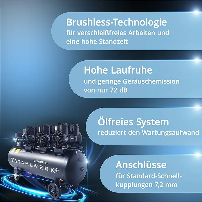 STAHLWERK Kompressor ST-1010 Pro - Max. Druck: 10 bar, 120 l, Schmierung: Ohne - Schwarzer STAHLWERK ST-1010 PRO Kompressor auf Rädern mit Highlights: bürstenlos, 72dB, ölfrei, 7,2mm Schnellkupplung.