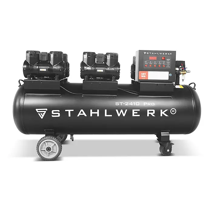 STAHLWERK Kompressor T-2410 Pro - Max. Druck: 10 bar, 240 l, Schmierung: Ohne - Schwarzer Stahlwerk ST-2410 PRO Kompressor mit mehreren Motoren, Bedienfeld und Rädern.