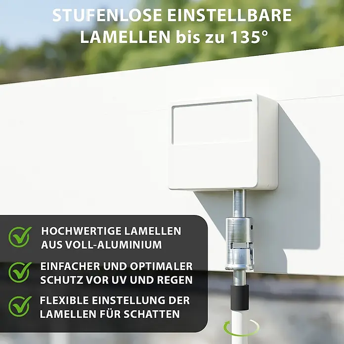 Weide Pergola Deluxe Pavillon Terrassenüberdachung Aluminium 3 x 4 M weiß - B x T: 400 x 300 cm, Farbe Gestell: Weiß, Metall - Weißer verstellbarer Lamellenmechanismus mit Metallverbinder, der stufenlose Lamellenverstellung bis 135° für Sonnen- und Regenschutz zeigt.