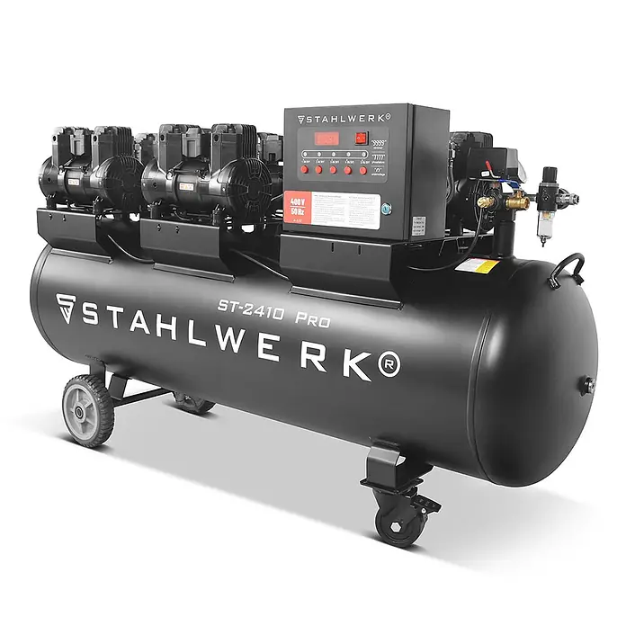 STAHLWERK Kompressor T-2410 Pro - Max. Druck: 10 bar, 240 l, Schmierung: Ohne - Schwarzer Industrie-Luftkompressor STAHLWERK ST-2410 PRO mit mehreren Motoren, Bedienfeld und Rädern.