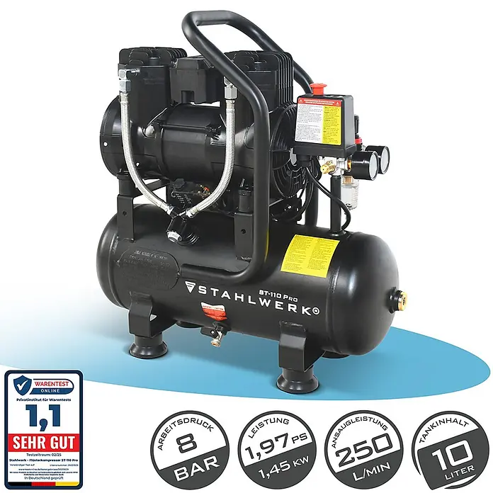 STAHLWERK Kompressor ST-110 Pro - Max. Druck: 8 bar, 30 l, Schmierung: Ohne - Schwarzer STAHLWERK ST-110 Pro Flüsterkompressor mit 10L Tank, Griff, Manometern und Schläuchen.