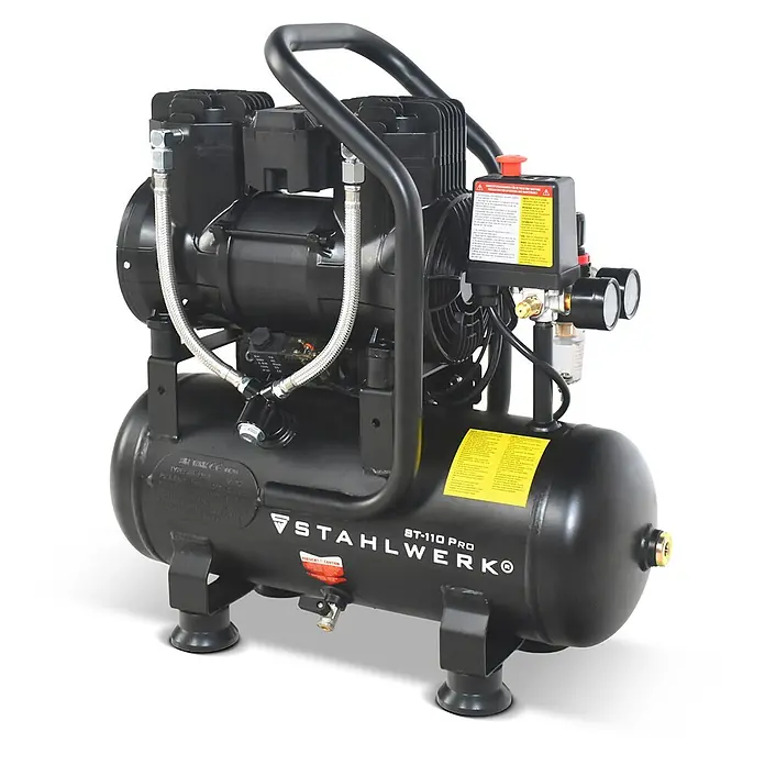 STAHLWERK Kompressor ST-110 Pro - Max. Druck: 8 bar, 30 l, Schmierung: Ohne - Schwarzer Metall-Luftkompressor mit Tank, Kompressoreinheit, Griff und Manometern.