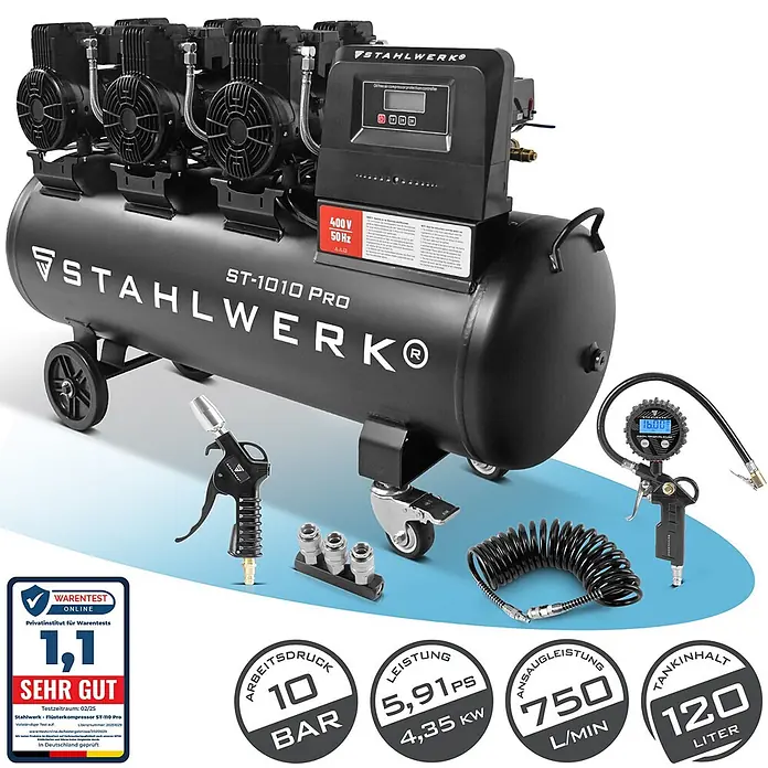 STAHLWERK Kompressor mit 120 L Tank - ST-1010 Pro - Schwarzer STAHLWERK ST-1010 PRO Kompressor mit 120L Tank, mehreren Verdichterköpfen, Rädern und Zubehör wie Ausblaspistole und Reifenfüller.