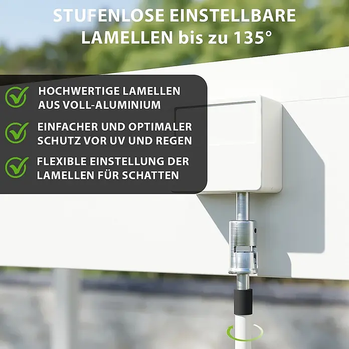 Weide Terrassenüberdachung WE-A-D-3036-WSS - B x T: 360 m x 300 cm - Nahaufnahme einer weißen Pergola mit verstellbaren Aluminiumlamellen und silbernem Drehmechanismus für Schatten und Schutz.