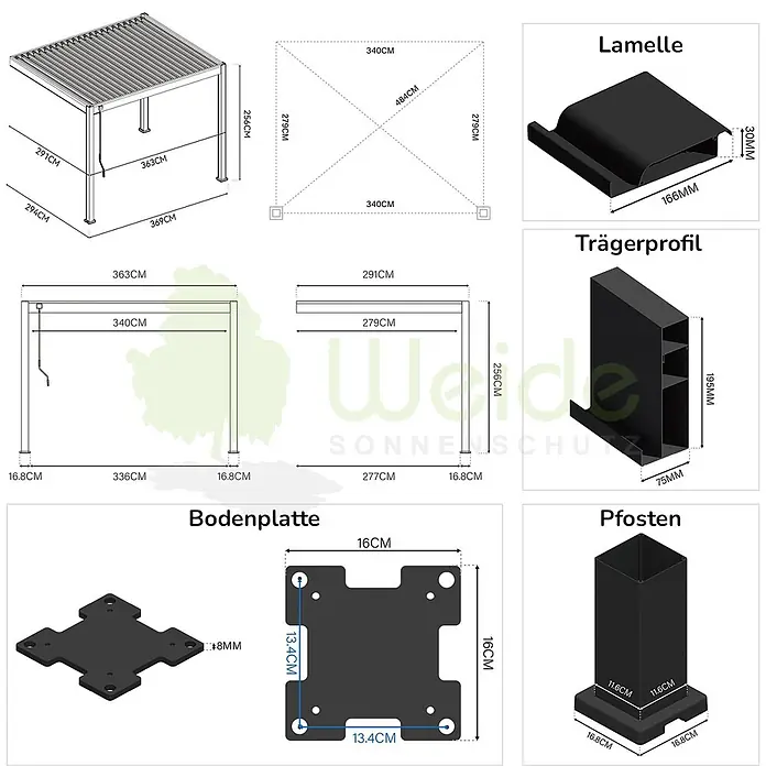 Weide Terrassenüberdachung WE-A-D-3036-WSS - B x T: 360 m x 300 cm - Detaillierte schwarze Metall-Pergola mit verstellbarem Lamellendach und Komponentenmaßen.