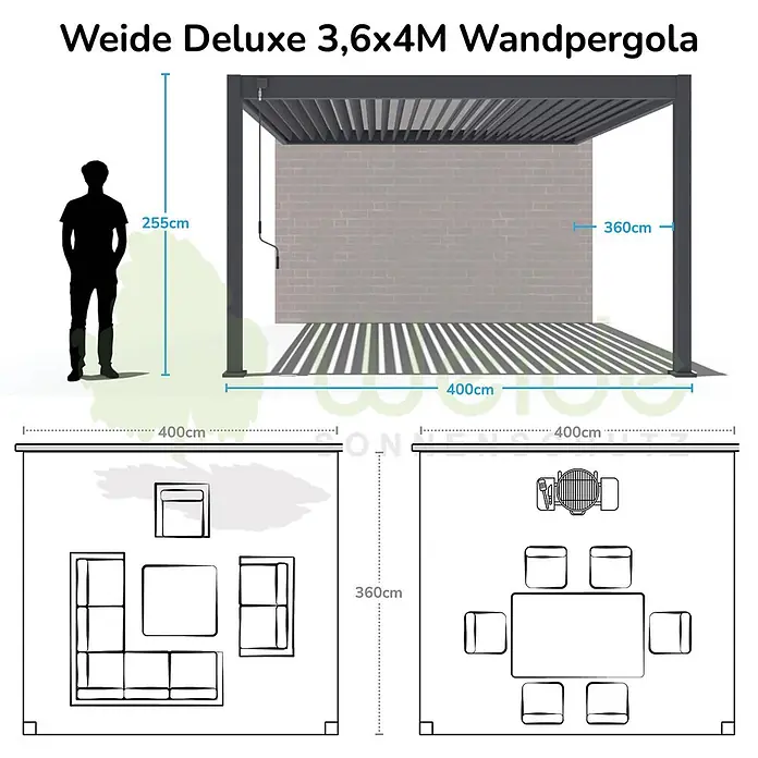 Weide Terrassenüberdachung WE-A-D-3640-SAN -  - Anthrazitfarbene Wandpergola mit verstellbarem Lamellendach, zeigt 3,6x4m Abmessungen und mögliche Möbelanordnungen.