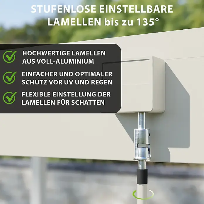 Weide Pergola Deluxe Plus freistehend 3 x 4 m Ivory-Sand Aluminium - B x T: 400 x 300 cm, Farbe Gestell: Sandpapier FinishIvory Sand / RAL Farbcode 7024, Aluminium - Beige verstellbare Aluminium-Lamellen, die bis zu 135° schwenkbar sind, bieten flexiblen UV- und Regenschutz.