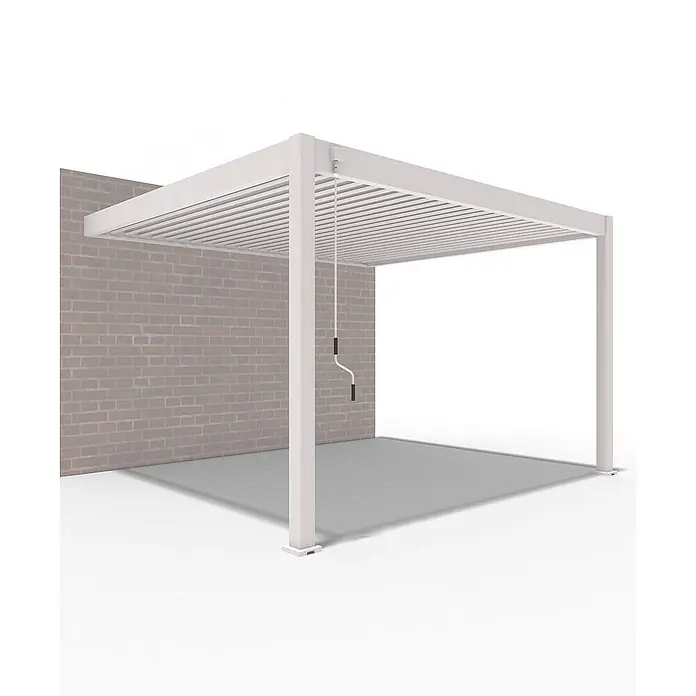 Weide Terrassenüberdachung WE-A-D-3640-SAN -  - Weiße, wandmontierte Lamellenpergola mit verstellbaren Dachlamellen und Handkurbel, ideal für Terrassen und Außenbereiche.