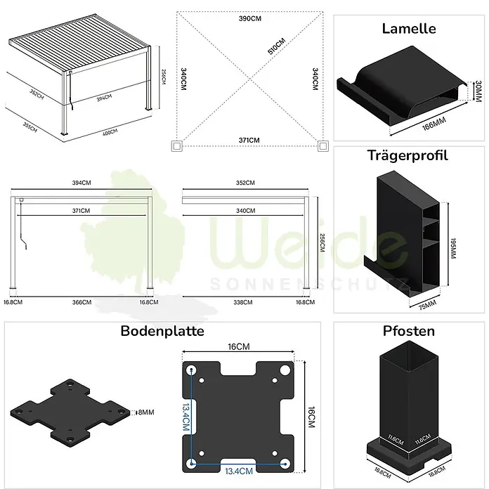 Weide Terrassenüberdachung WE-A-D-3640-SAN -  - Detailliertes Diagramm eines schwarzen Metall-Pergolasystems mit Maßen und Bauteilen.