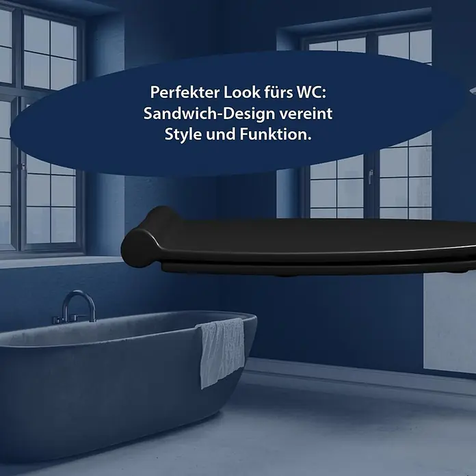 Poseidon WC-Sitz Montreal - Duroplast, Schwarz, Mit Absenkautomatik - Schwarzer Toilettensitz im Sandwich-Design, der Stil und Funktion vereint, in einem modernen Badezimmer gezeigt.