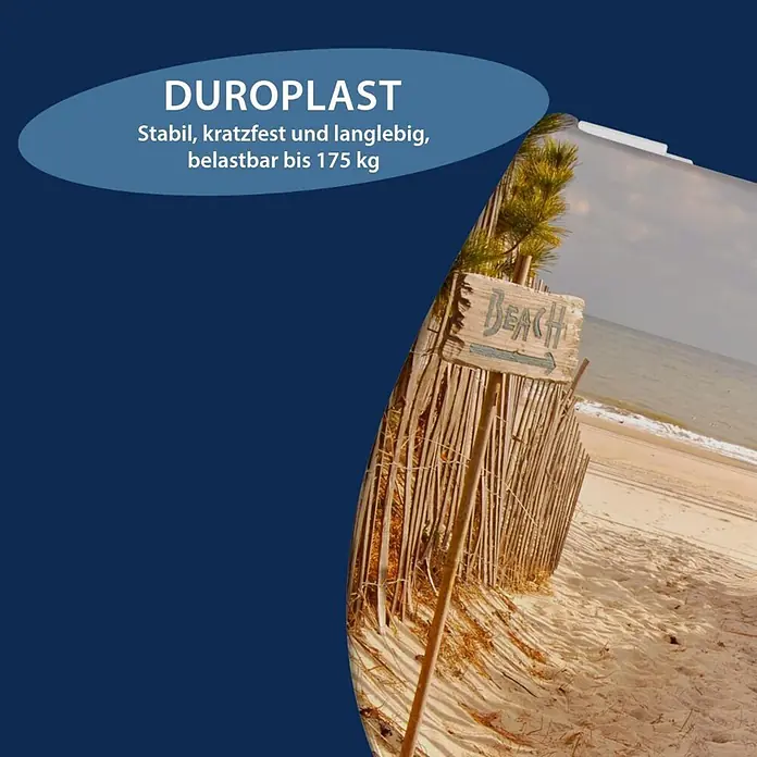 Poseidon WC-Sitz Playa - Duroplast, Beige/Braun, Mit Absenkautomatik - Blaues Grafikfeld mit DUROPLAST: stabil, kratzfest, langlebig, belastbar bis 175 kg. Hintergrund teilweise Strand.