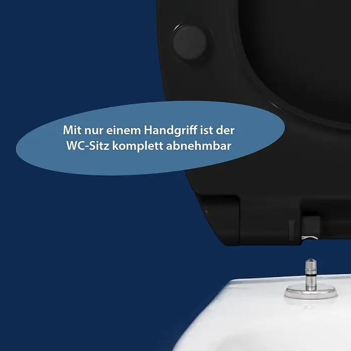Poseidon WC-Sitz Montreal - Duroplast, Schwarz, Mit Absenkautomatik - Schwarzer WC-Sitz mit Schnellverschluss-Mechanismus über einer weißen Toilettenschüssel.