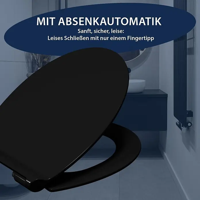 Poseidon WC-Sitz Montreal - Duroplast, Schwarz, Mit Absenkautomatik - Schwarzer Toilettensitz mit Absenkautomatik in einem Badezimmer.