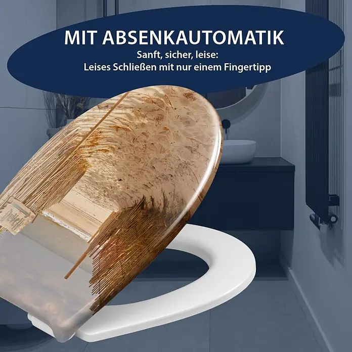 Poseidon WC-Sitz Playa - Duroplast, Beige/Braun, Mit Absenkautomatik - Toilettensitz mit Absenkautomatik und einem Deckel im Strandhütten-Design.