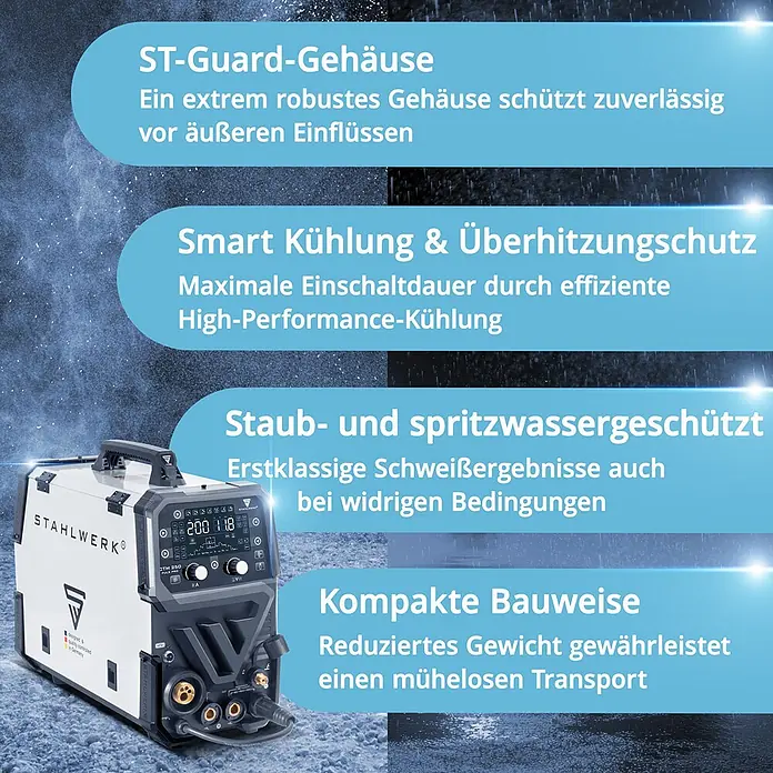 STAHLWERK Kombi-Schweißgerät CTM-250 Puls Pro - Schweißstrom: 200 A - Ein weiß-schwarzes Stahlwerk CTM 250 Schweißgerät, robust, kompakt und für effiziente Leistung und Transport konzipiert.